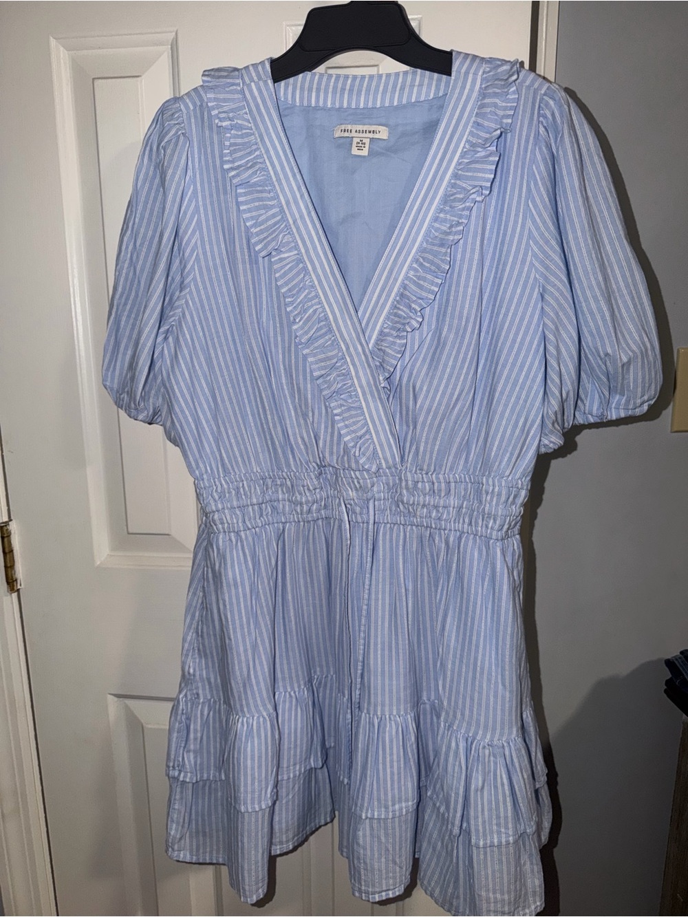 Striped Blue Ruffle V-Neck Mini Dress